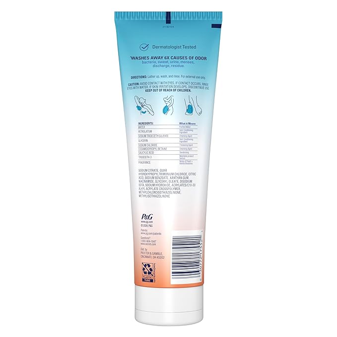 Secret Feminine Wash, 24 HR Deodorizing Feminine Body Wash for Women, Removes 6x Causes of Odor, PH Balanced, Safe to Use Everywhere, Peach & Vanilla Blossom Scent, 8.0 oz
