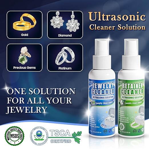 Ultrasonic Cleaner Set with Basket and Holder-45KHz 20oz w/Light & Degas, 200ML Jewelry and Retainer Cleaner Solution for All Jewelry, Rings, Eyeglasses (Gray, Ultrasonic Cleaner+Cleaning Solution)