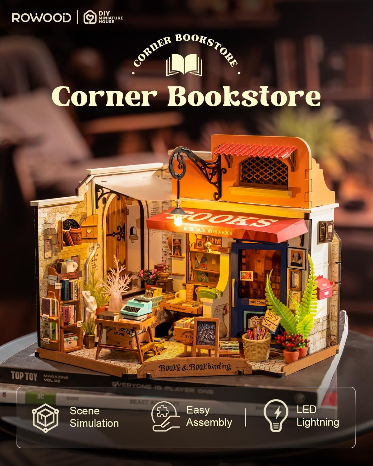 Rowood Miniature House Kit,Mother's Day Mini House Building Kit with LED,DIY Dollhouse Craft Kits for Adults,Birthday for Women Ages 14+(Corner Bookstore)
