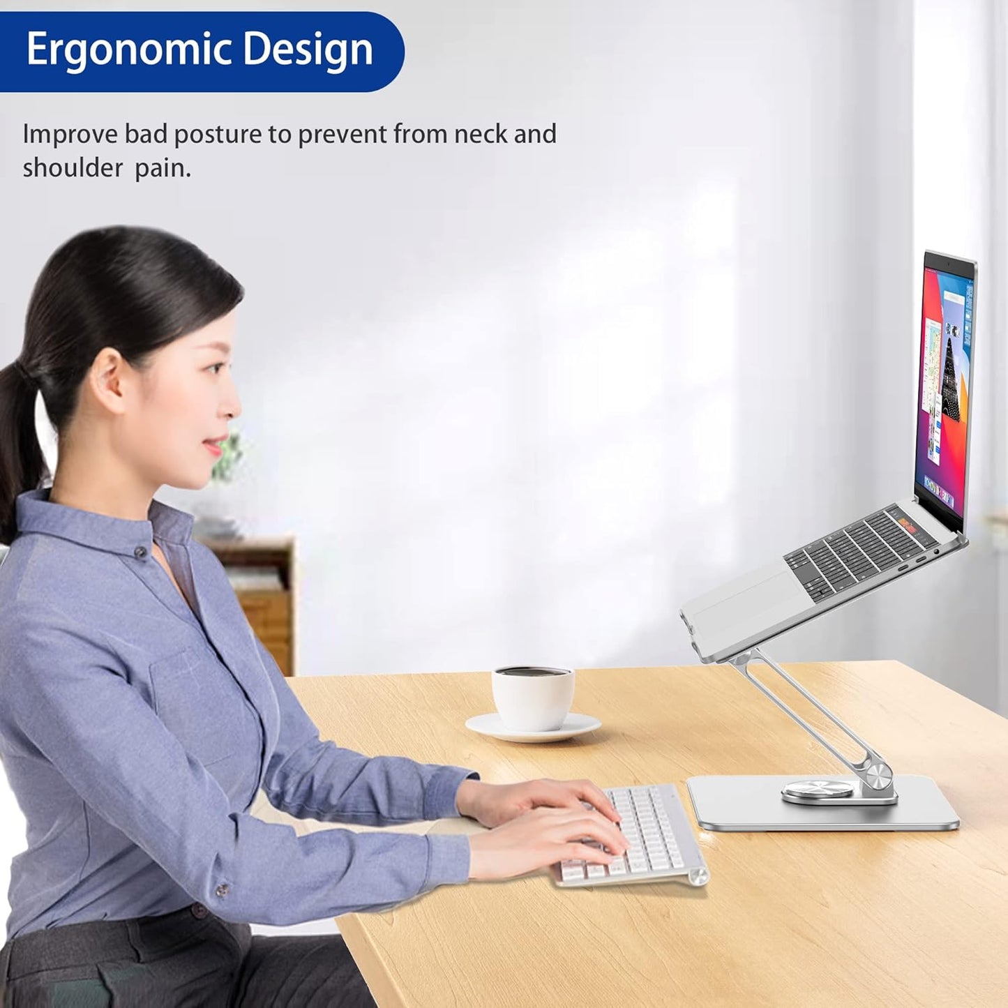 BESIGN LSX7 Laptop Stand with 360 Rotating Base, Ergonomic Adjustable Notebook Riser Holder Compatible with Air, Pro, Dell, HP, Lenovo More 10-15.6" Laptops (Silver)