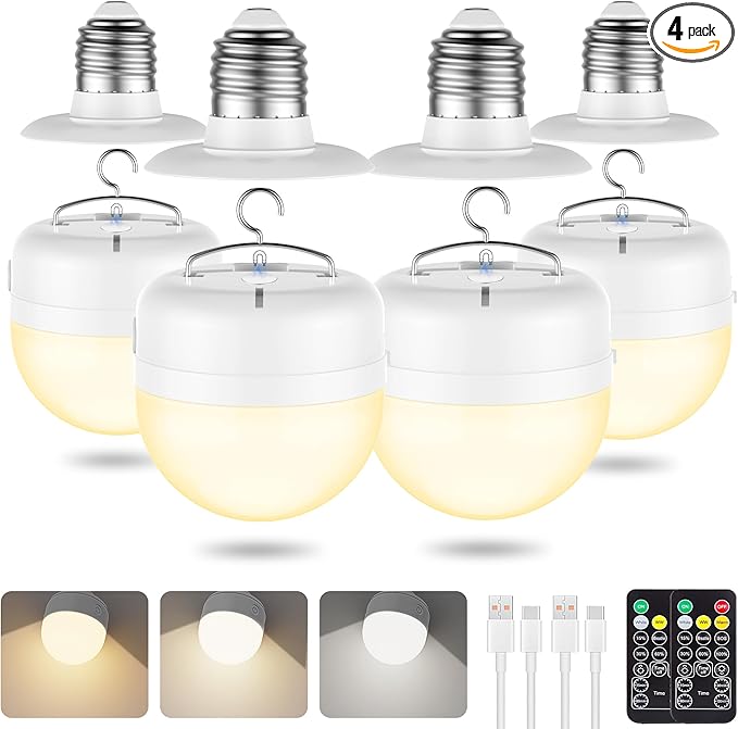 4Packs E26 Rechargeable Magnetic Light Bulbs with Remote and Hook, 10W 900LM Battery operated Emergency LED Bulb 3500mAh, Portable Large Camping Tent Lamp for Home, Hurricane, Power Outage & Outdoor