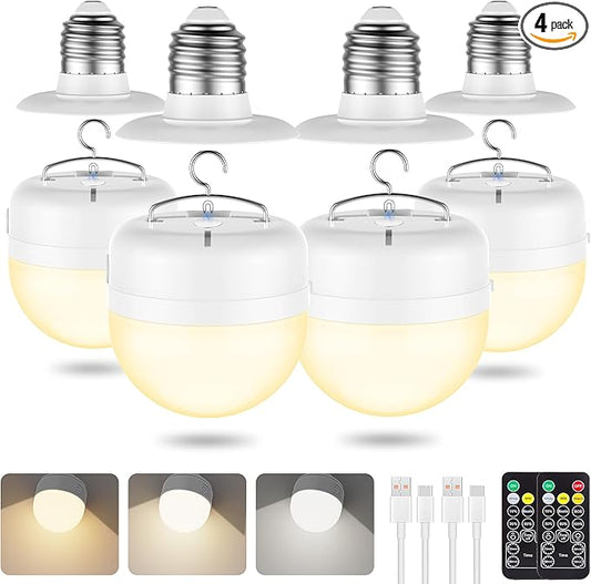 4Packs E26 Rechargeable Magnetic Light Bulbs with Remote and Hook, 10W 900LM Battery operated Emergency LED Bulb 3500mAh, Portable Large Camping Tent Lamp for Home, Hurricane, Power Outage & Outdoor