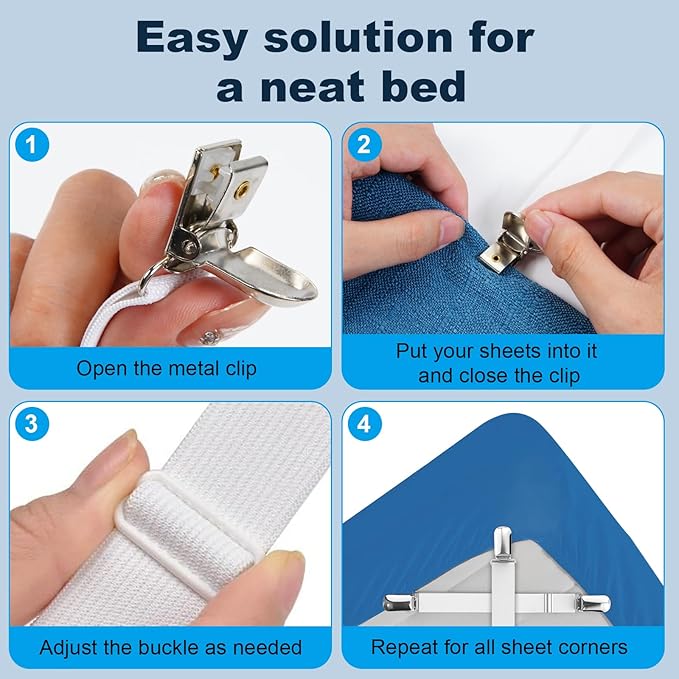 Premium Adjustable Bed Sheet Clips with Elastic Straps and Clips for Securely Holding Sheets in Place, Fits Mattresses from 20" to 79"（Black）