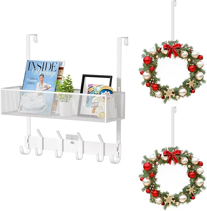 LUCYCAZ Over The Door Hooks Organizer, Door Hanger Storage with Coat Hooks Wreath Hanger & Mesh Basket, Over The Door Towel Rack Door Organizer for Bathroom,Bedroom,Kitchen (White), OVTD01