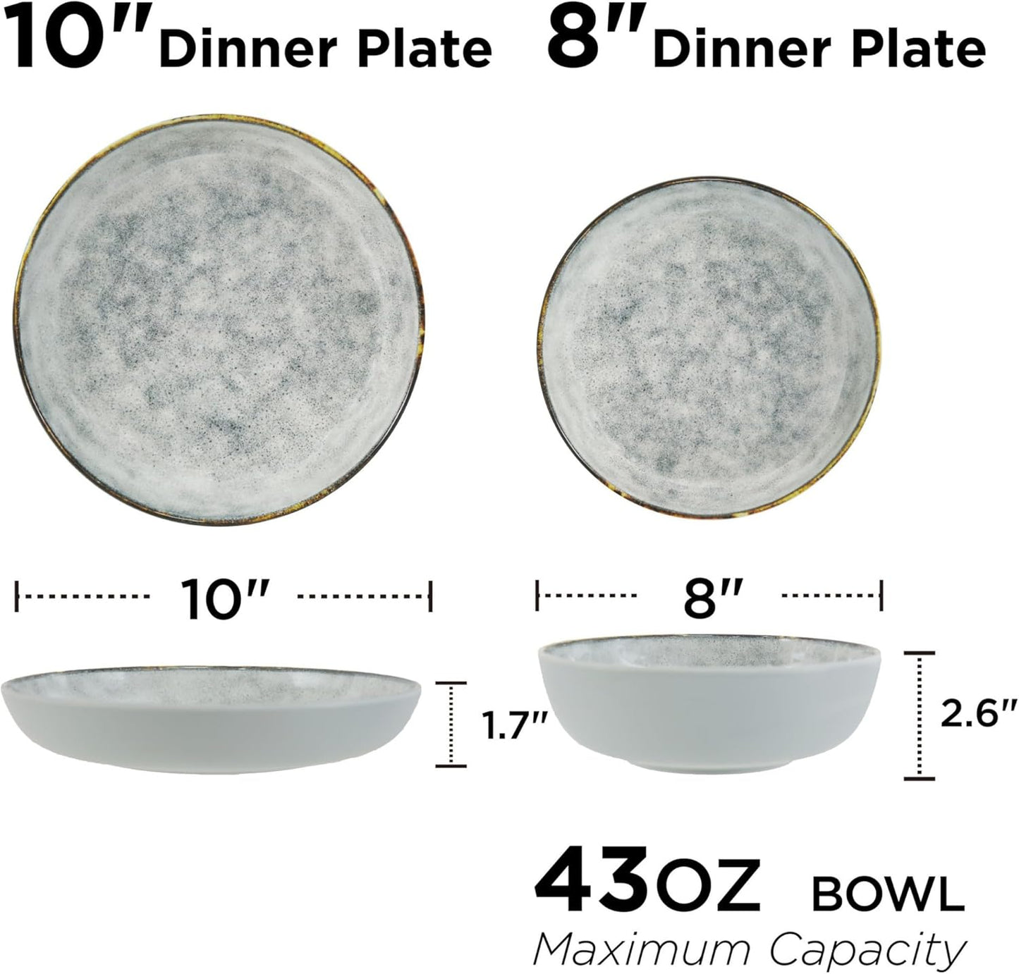 TP 12-Piece Dinnerware Set, Melamine Dishes Set with Bowls and Plates, Non-breakable and Lightweight Round Dinner Set for 4, Grey