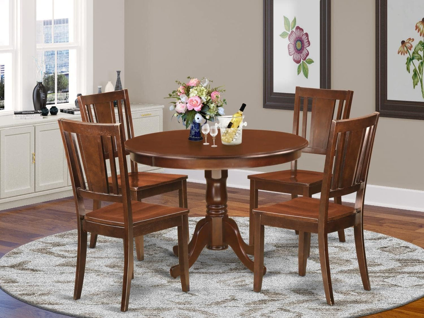 East West Furniture HLDU5-MAH-W 5 Piece Dining Set Includes a Round Dining Room Table with Pedestal and 4 Kitchen Chairs, 42x42 Inch, Mahogany