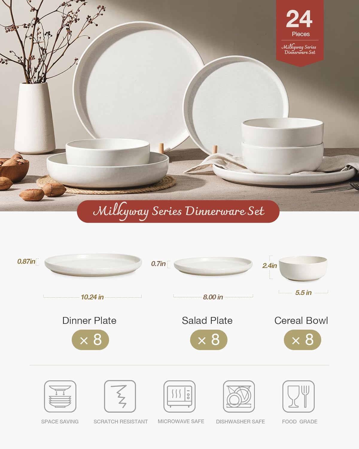 Famiware Milkyway Plates and Bowls Sets, 24 Pieces Dinnerware Sets, Reactive Glaze Dish Set, Stoneware Dishes Set for 8, Matte White