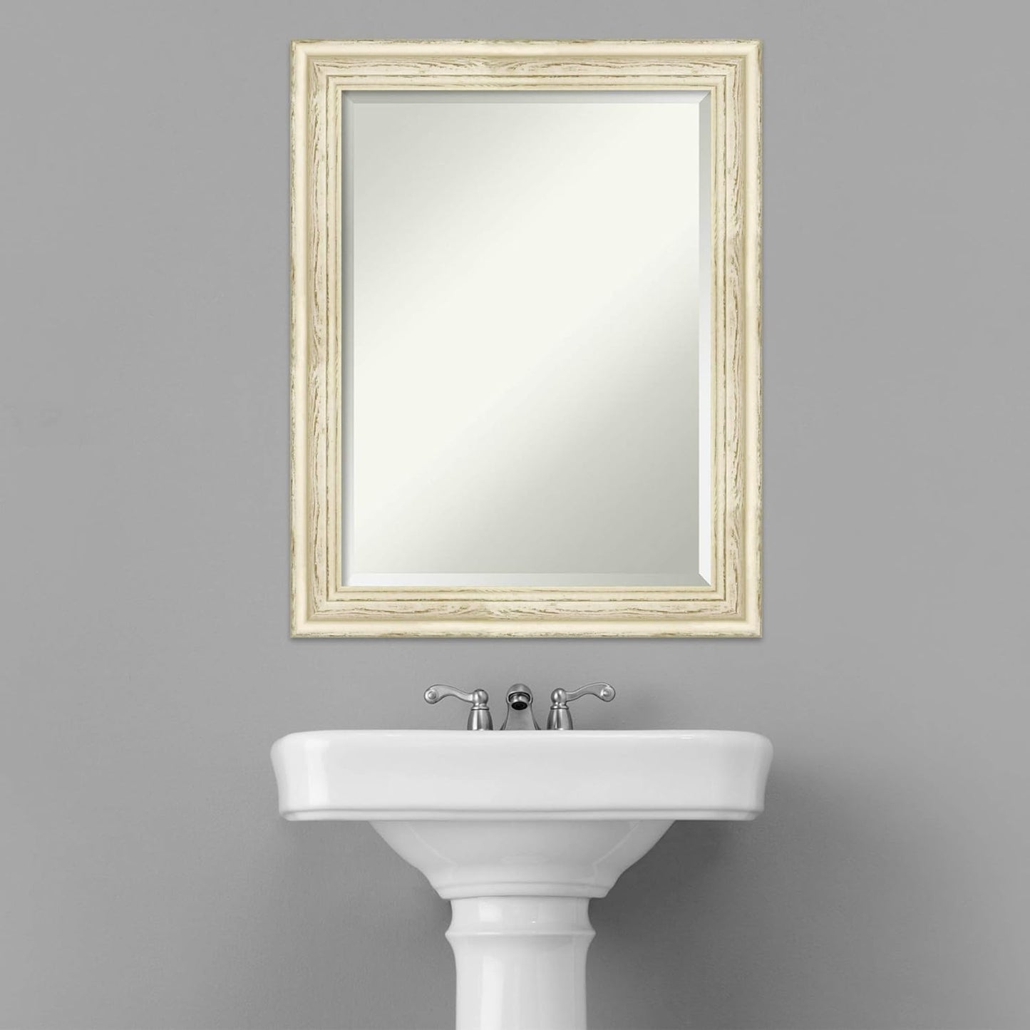 Amanti Art White Bathroom Mirror for Over Sink, 29x23 Country White Wash Rectangle Vanity Mirror, Medium Rustic Farmhouse Wood Frame, Hangs Horizonally and Vertically, Bathroom Wall Decor, Beveled