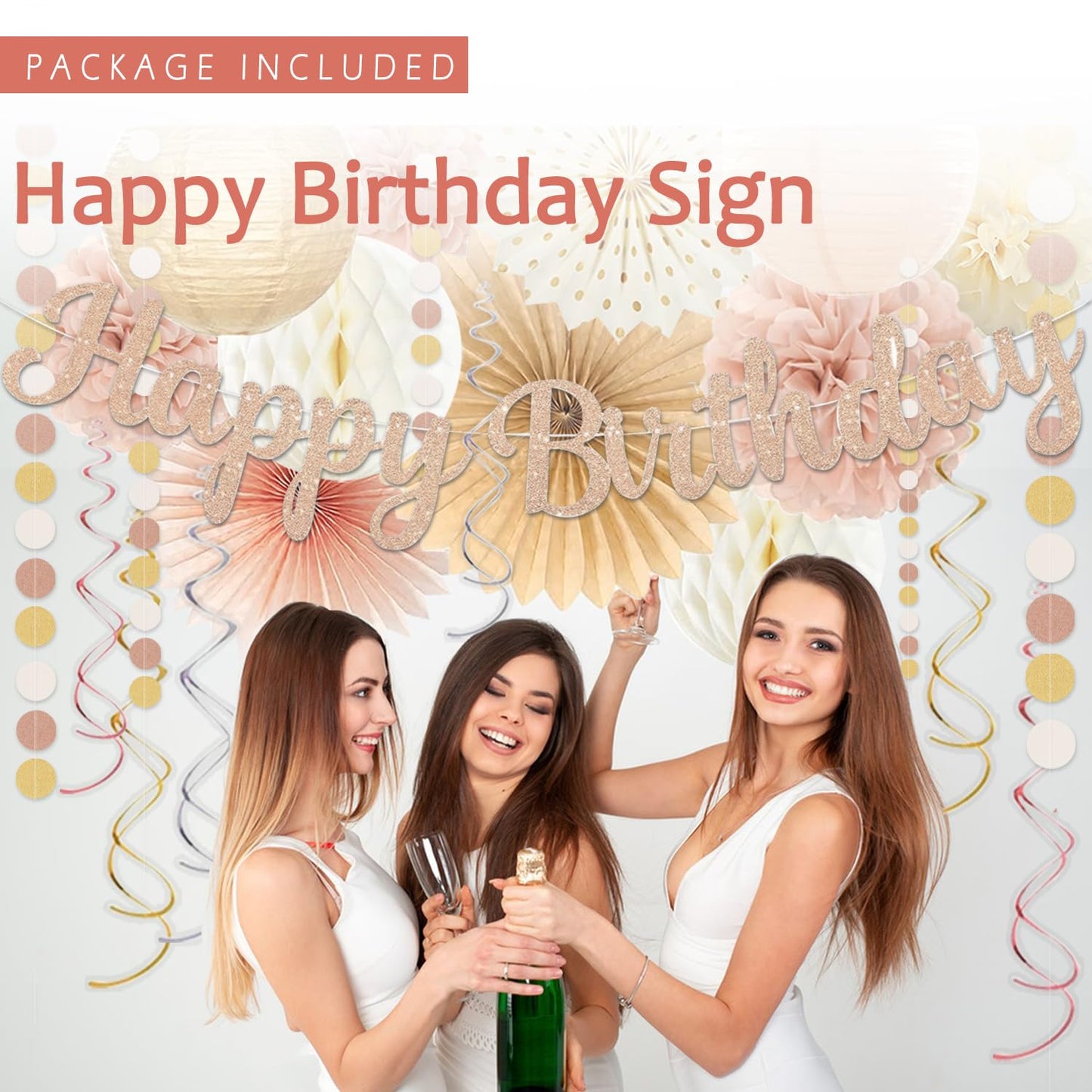Champagne-Gold Beige Birthday Decorations for Women Girls,Cream Neutral Balloons Décor,Happy Banner,Boho Peach Paper Lanterns Tissue Pom Poms Fan,Anniversary Princess Backdrop Party Supplies