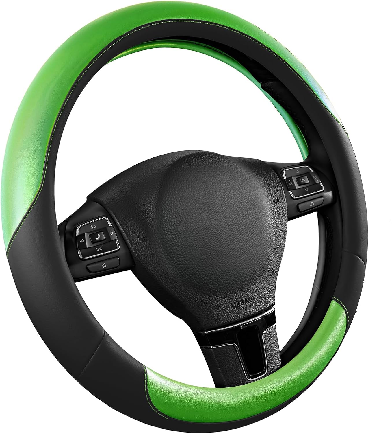 Road Comforts Steering Wheel Cover – Breathable Leather Steering Wheel Cover, Anti-Slip Grip, Universal Fit 14.5” to 15”, Heat & Cold Resistant for Cars, SUVs, and Trucks – Black & Shining Green