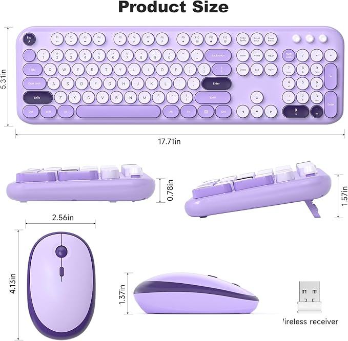 Wireless Keyboard and Mouse Combo, MOWUX Full Size Typewriter Retro Round Computer Keyboard, Cute Optical Mouse Wireless, Plug and Play, for Laptop, PC, Computer- Violet Field