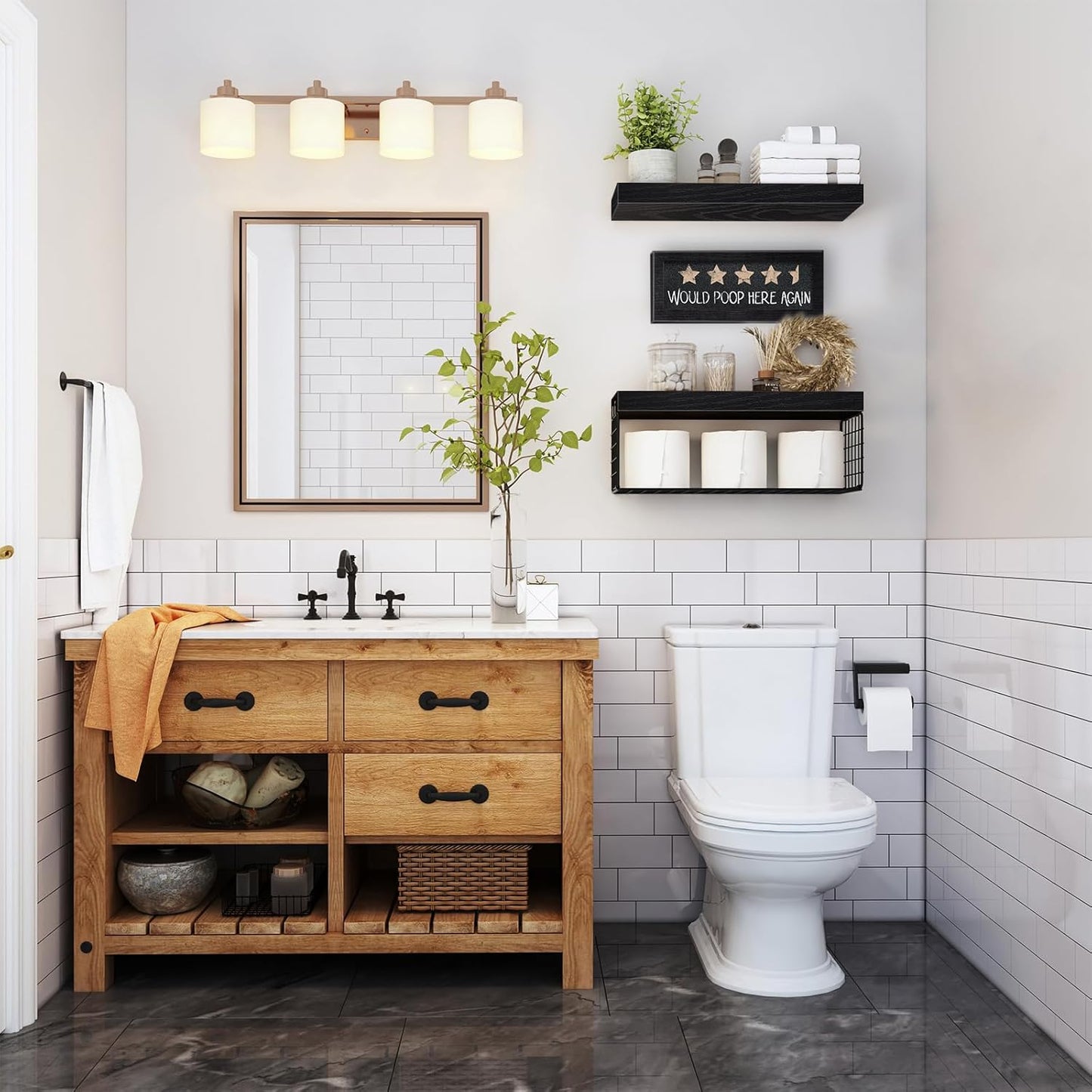 QEEIG Bathroom Shelves Over Toilet - Paper Storage Wall Mounted Farmhouse Decor Decorations Chalkboard Small Floating Shelf 2+1 Set 16 inch, Black (021B)