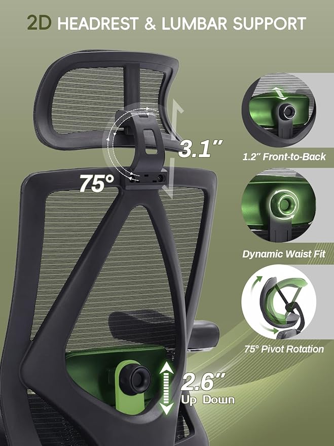Office Chair 500lbs, Ergonomic Desk Chair with W Thick Cushion & 4D Armrest, Executive Mesh Desk Chair with Adjustable Lumbar Support, 2D Headrest, Swivel Task Chairs for Home Office Gaming, Black
