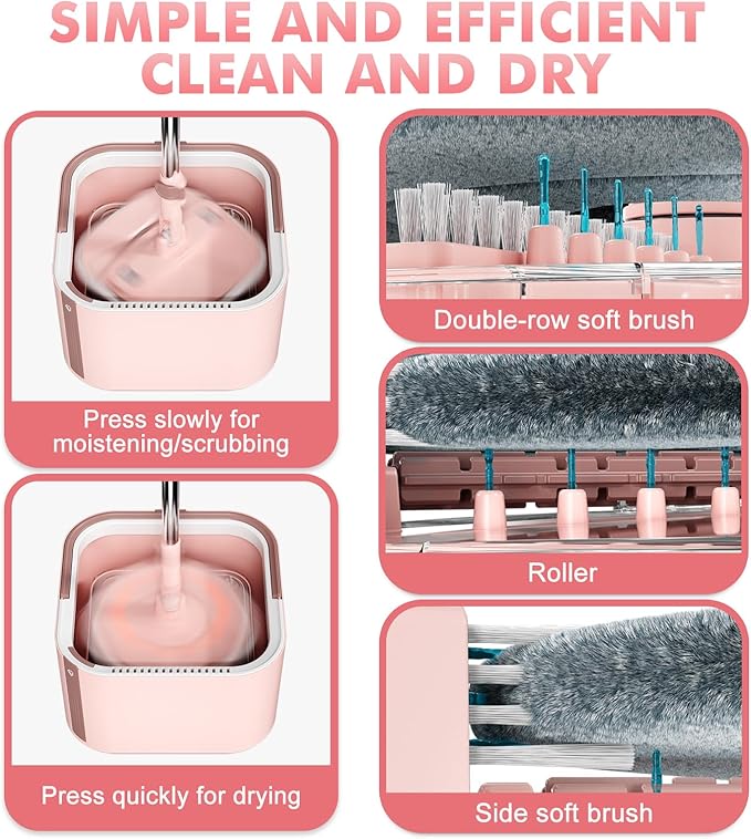 Upgraded Self-Standing Spin Mop and Bucket System, Detachable Inner Mop Bucket Separates Dirty Water & 90° Foldable Head, Triple-Scrub System, 0.9Gal Dual Drainage, for Hardwood Floors (Pink 6 Pads)