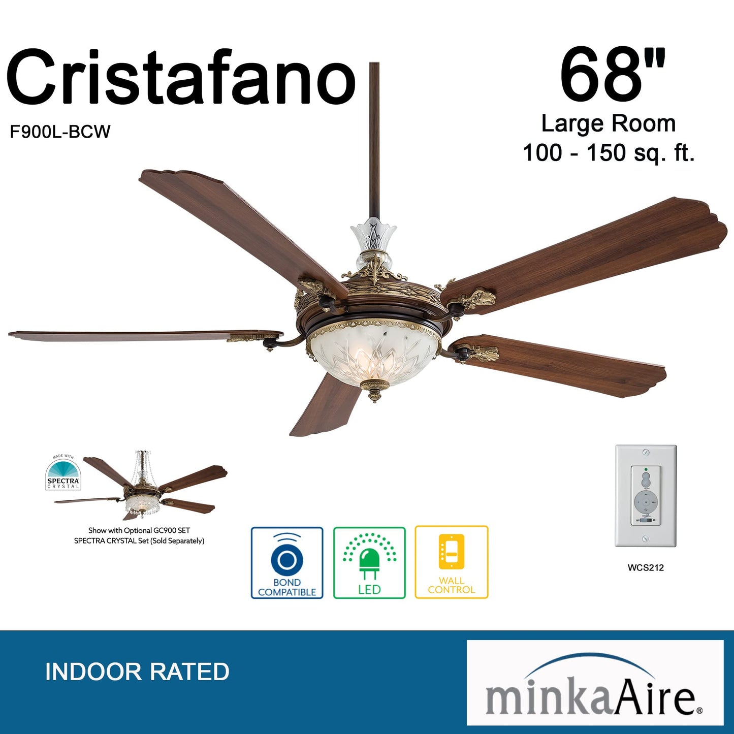 Minka Aire F900L-Bcw Cristafano 68 Ceiling Fan With Led Lights, Belcaro Walnut