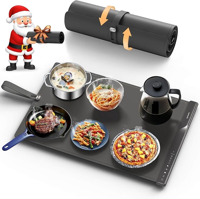 Food Warming Mat with Dual Heating Zones, 4 Temp Settings, Silicone Easy-Clean, Auto Shut-Off, Timer, Child Lock, Portable for Buffet, Party & Travel, 350W, 120V(AC), (Gray, Large)