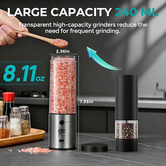 Electric Salt & Pepper Grinder Set One-Handed Automatic Pepper Mill with LED Light Adjustable Coarseness Large-Capacity Refillable Mill Durable Ceramic Core Battery Powered Seasoning Grinder for Home