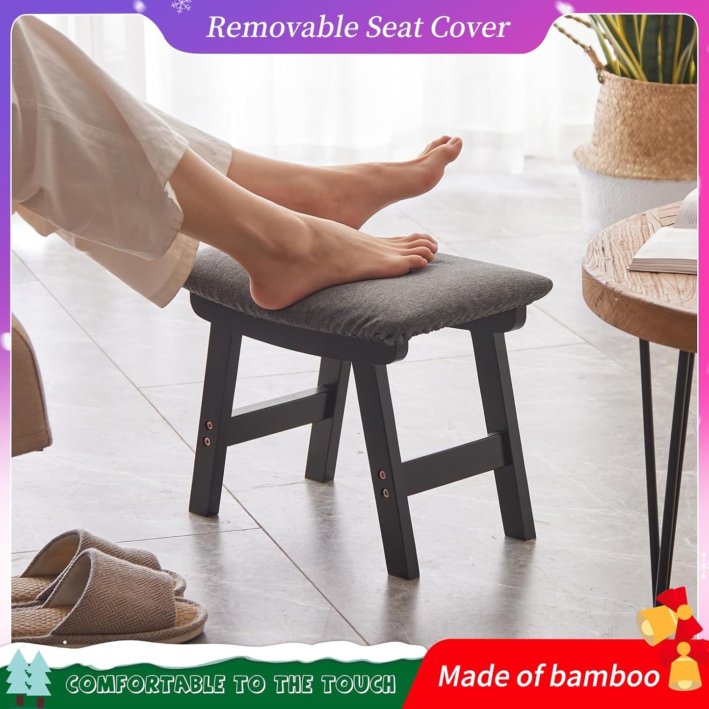 Foot Stool,Ottoman,Bamboo Small Sofa Foot Rest Under Desk,Extra Seating for Living Room, Bedroom and Kitchen (Black Stool Legs - Gray Surface)