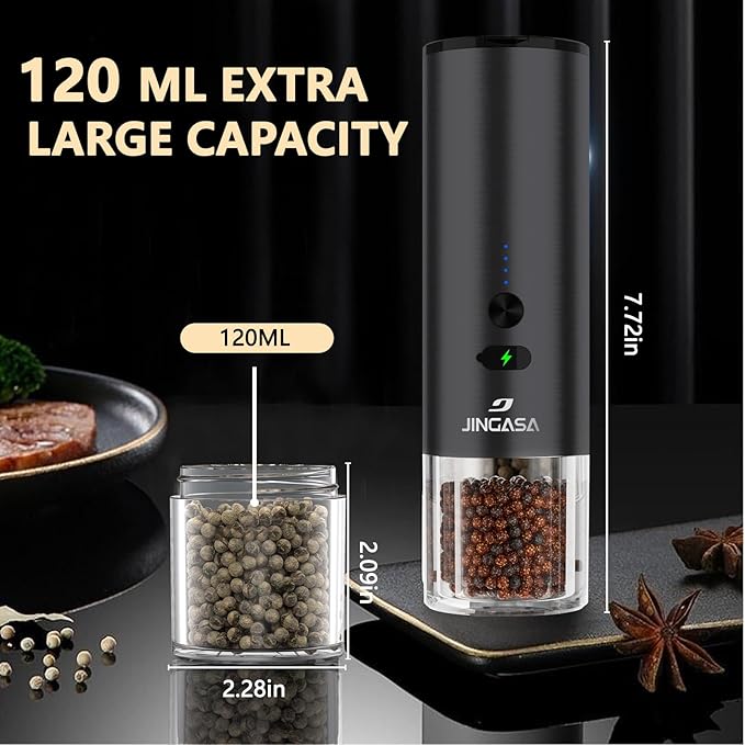 [Upgraded Larger Capacity]Electric Salt and Pepper Grinder Set, USB Rechargeable Automatic Salt and Pepper Shakers Set with Visual Power Reminder, 4oz Large Capacity with Adjustable Coarseness（Black）