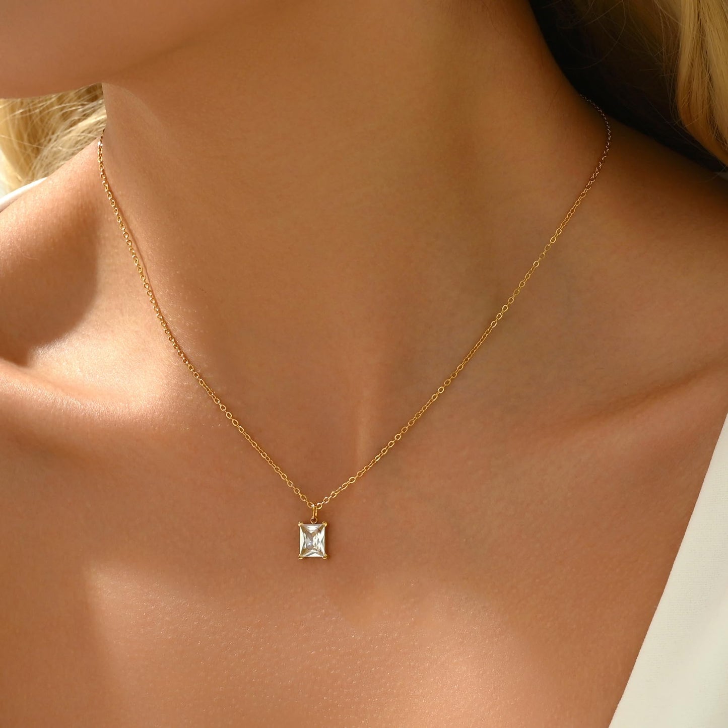 NONAMOIS 18K Gold Plated Square CZ Pendant Necklace for Women Stainless Steel Dainty Gold Created White Gemstone Choker Necklace Trendy Non Tarnish Jewelry