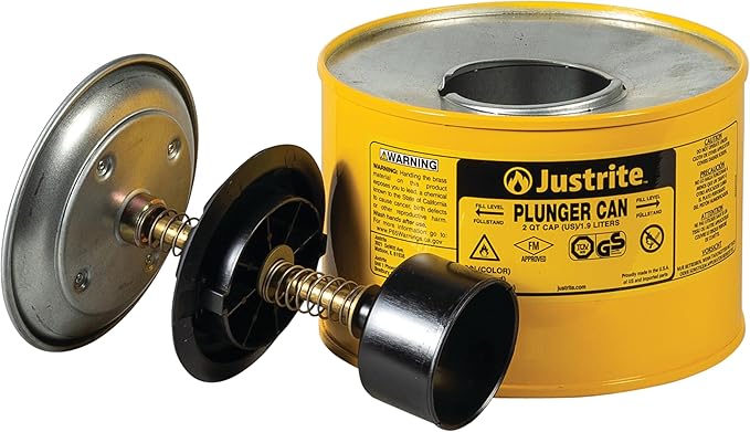 Justrite Plunger Can for Solvents, 2 Quarts Capacity, 7.4" x 7.25" Steel Push-Down Solvent Dispenser Can, Made in the USA Industrial Mechanic Tools, Yellow, 10218