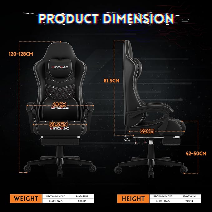 Gaming Chair,Ergonomic Computer Gaming Chair,400lb Load-Bearing,Retractable Footrest/Waist Support/Ergonomic Backrest[Spring + 4D Sponge] (Black)