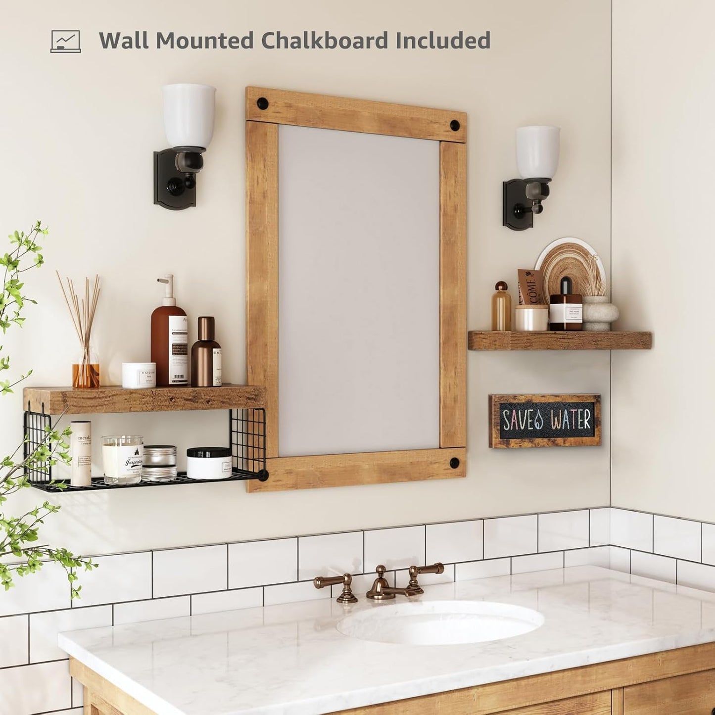 QEEIG Bathroom Shelves Over Toilet - Paper Storage Wall Mounted Farmhouse Decor Decorations Chalkboard Small Floating Shelf 2+1 Set 16 inch, Rustic Brown (021BN)