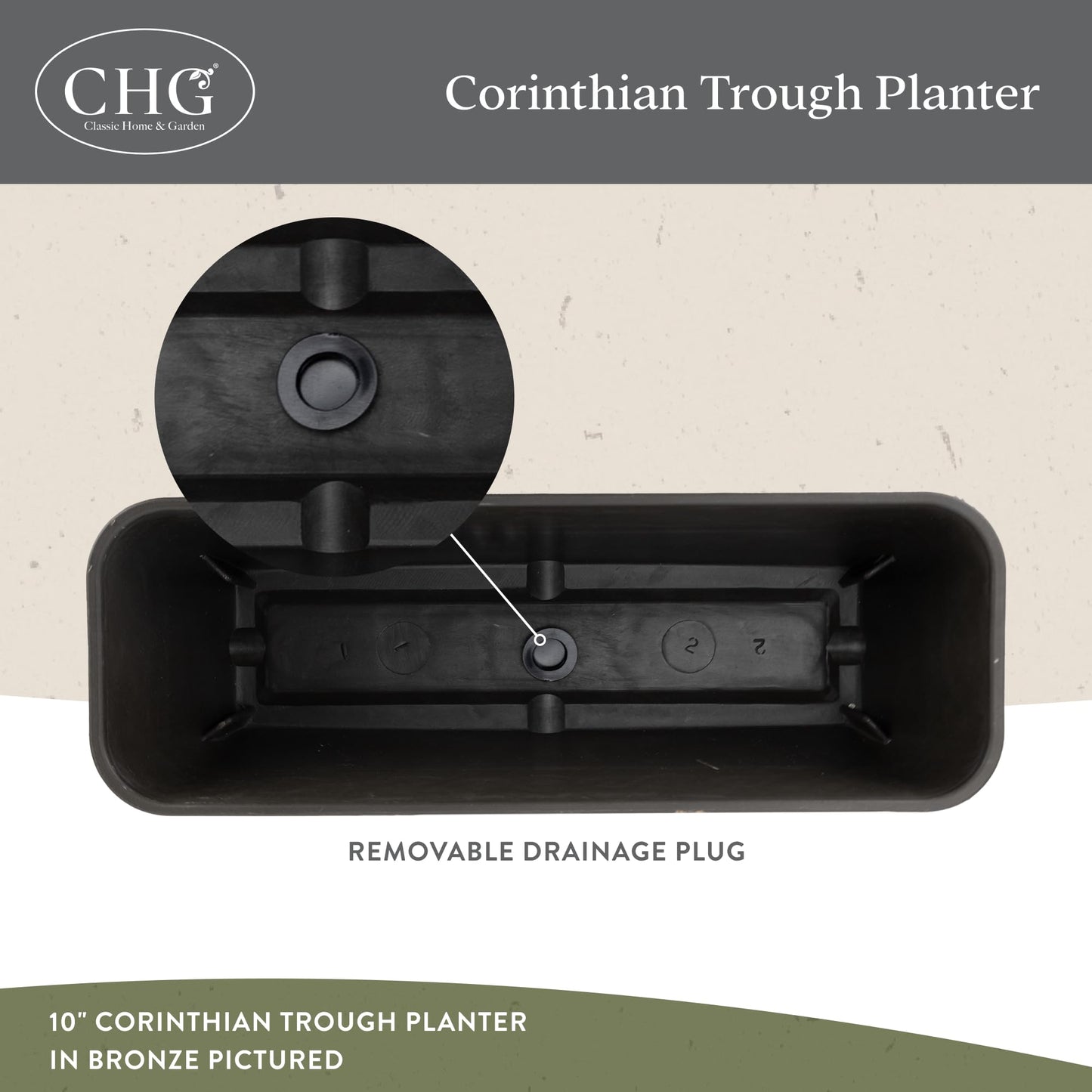 Classic Home and Garden Corinthian Resin Flower Pot Rectangle Planter, Concrete Grey, 18"