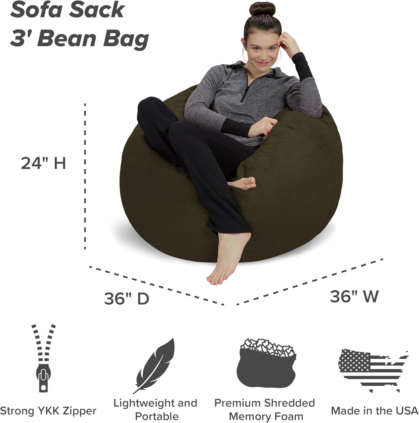 Sofa Sack Bean Bag Chair - Plush, Ultra Soft - Memory Foam Bean Bag Chair with Microsuede Cover - Stuffed Foam Filled Furniture and Accessories for Dorm Room 3 Feet - Olive