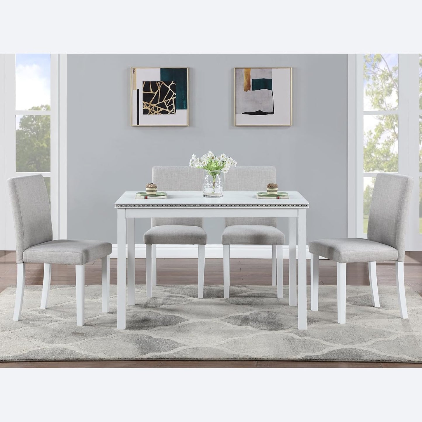 KEIKI 5-Piece Standard Height Dining Table Set with Rectangular Table and 4 Upholstered Chair, for 4 Person, Modern Crystal Decoration Wooden Table Set, Easy Assembly, for Kitchen, Dining Room, White