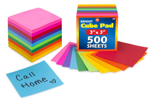 Hygloss Note Paper Cube - 3" Square Non-Sticky Memo Pad - 500 Sheets in 10 Assorted Bright Colors - Note Cubes - Perfect for Office & School Supplies - Not Sticky