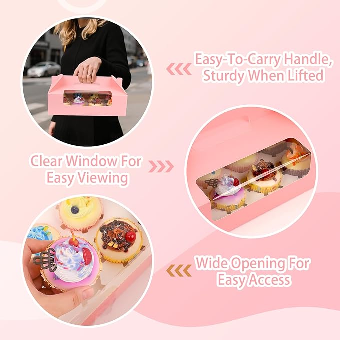FORBFAN 30 Pcs Cupcake Boxes, 12 Count Muffin Boxes with Handle, Window, and Inserts, Pink Cupcake Holders Bakery Carrier Boxes for Cookies Treats Dessert
