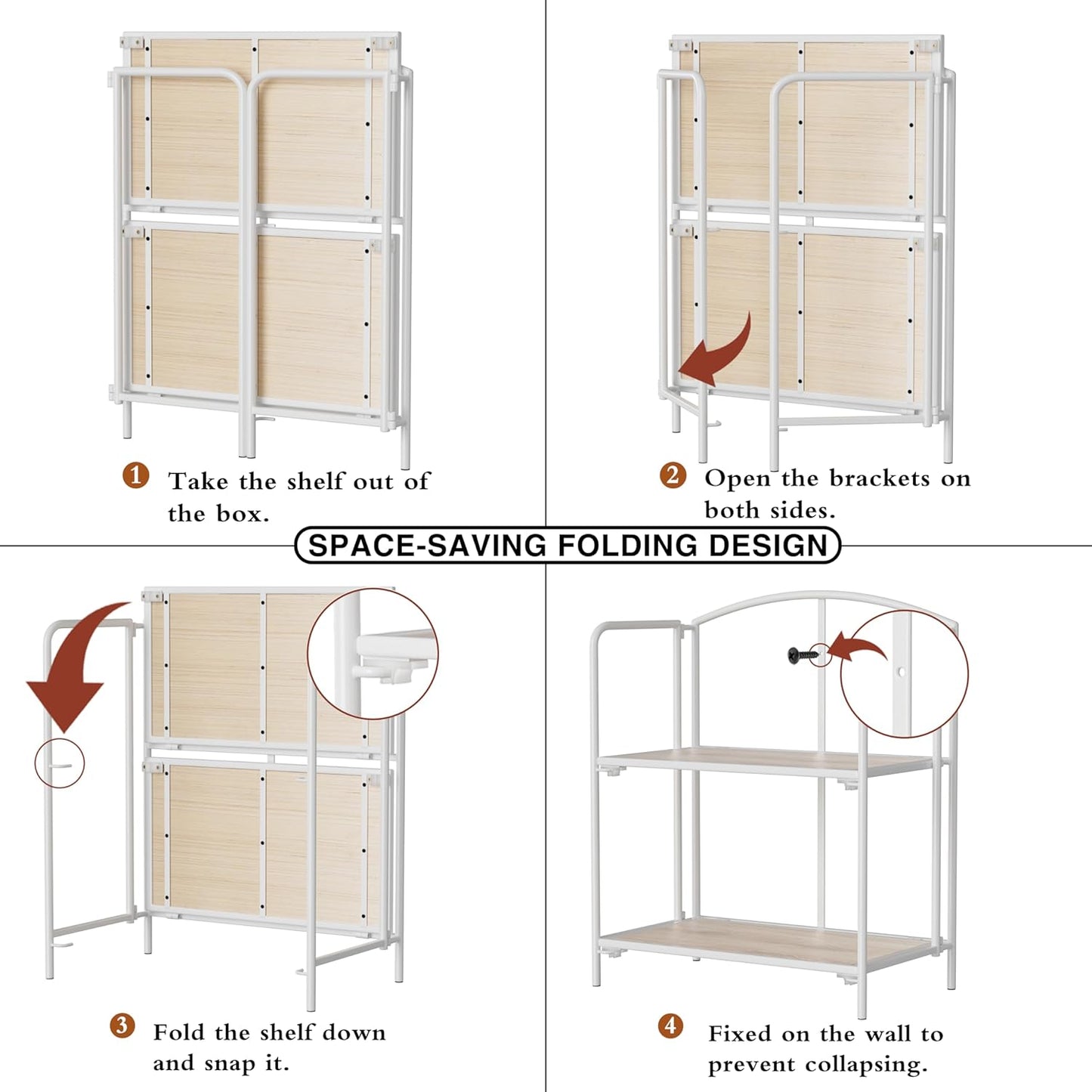 Crofy No Assembly Folding Bookshelf for Living Room, 2 Tier White Collapsible Book Shelf for Home Office, Portable Bookcase Storage Organizer