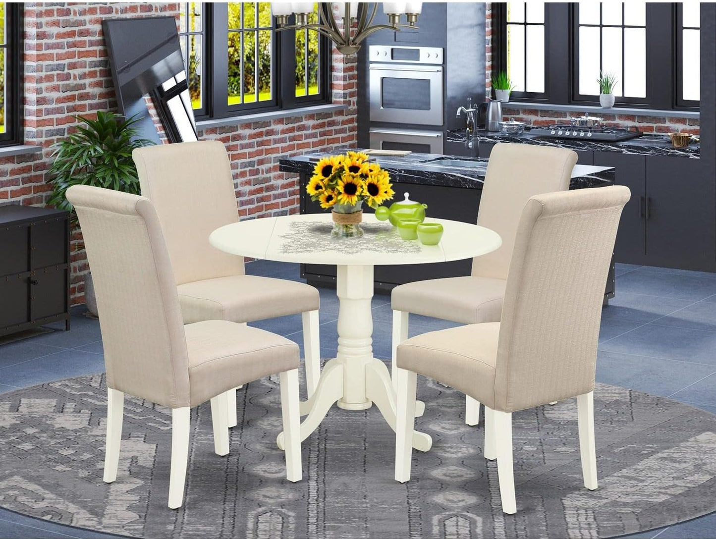 East West Furniture DLBA5-WHI-01 5 Piece Dining Table Set for 4 Includes a Round Kitchen Table with Dropleaf and 4 Cream Linen Fabric Parson Dining Chairs, 42x42 Inch, Linen White