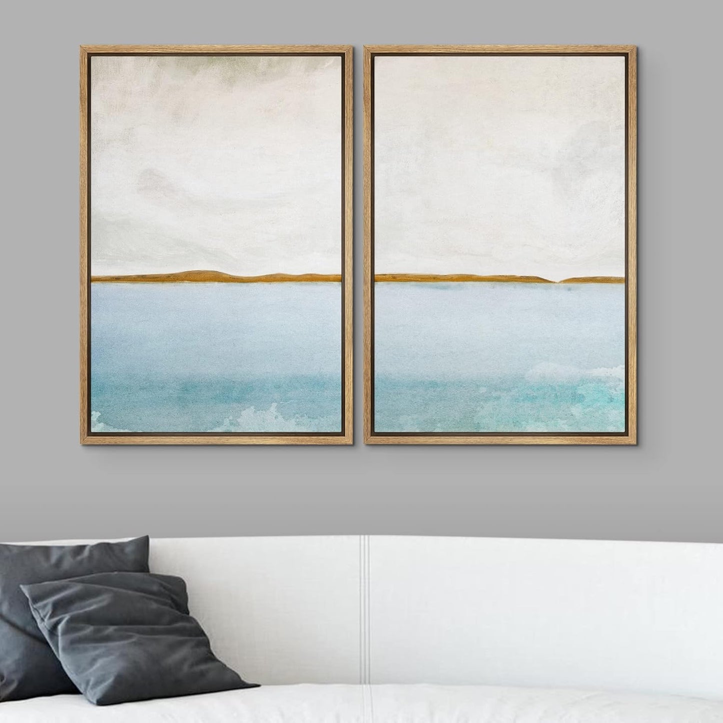 SIGNWIN Framed Canvas Print Wall Art Set Gold Blue Ocean Sea Beach Landscape Nature Wilderness Illustrations Modern Art Decorative Rustic Chic for Living Room, Bedroom, Office - 24"x36"x2 Natural