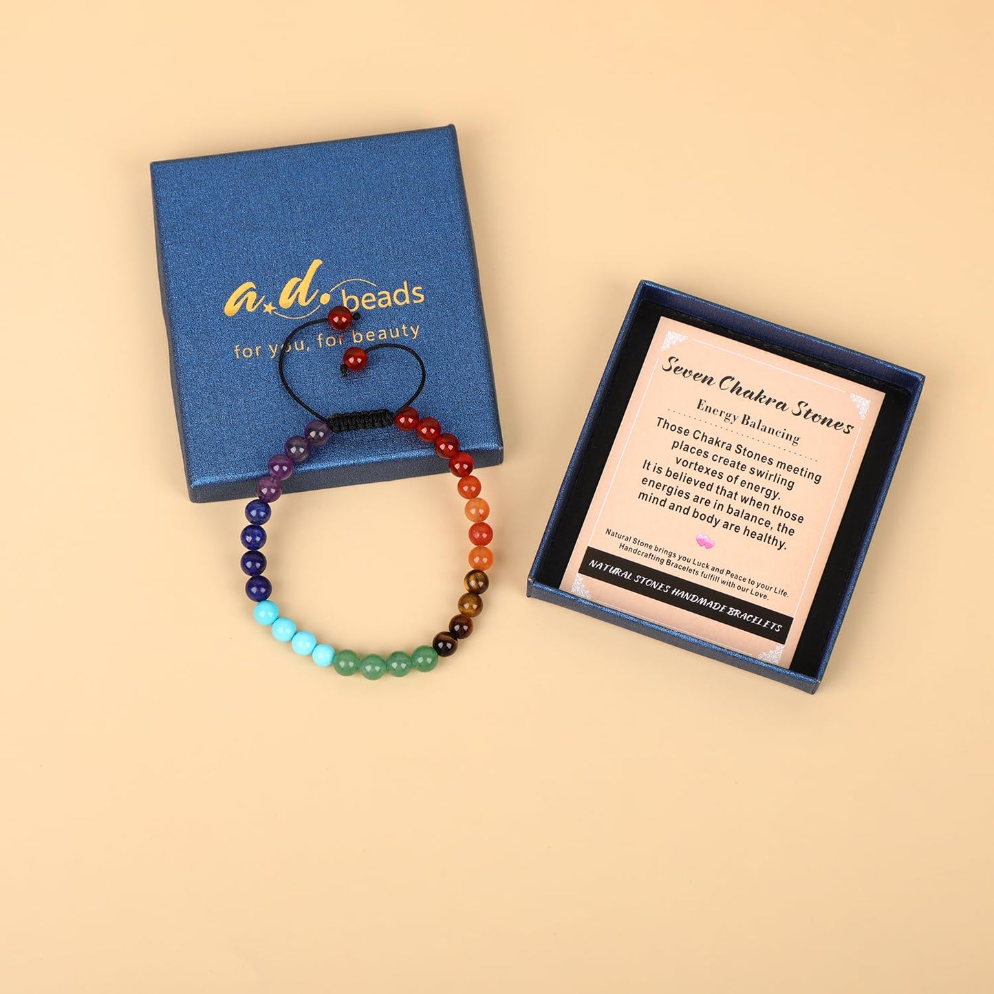 AD Beads 6mm Seven Chakra - Energy Balancing - Handmade Natural Stone Crystal Bracelet with Adjustable Macrame String - Yoga Healing Power Energy Gifts for Men and Women