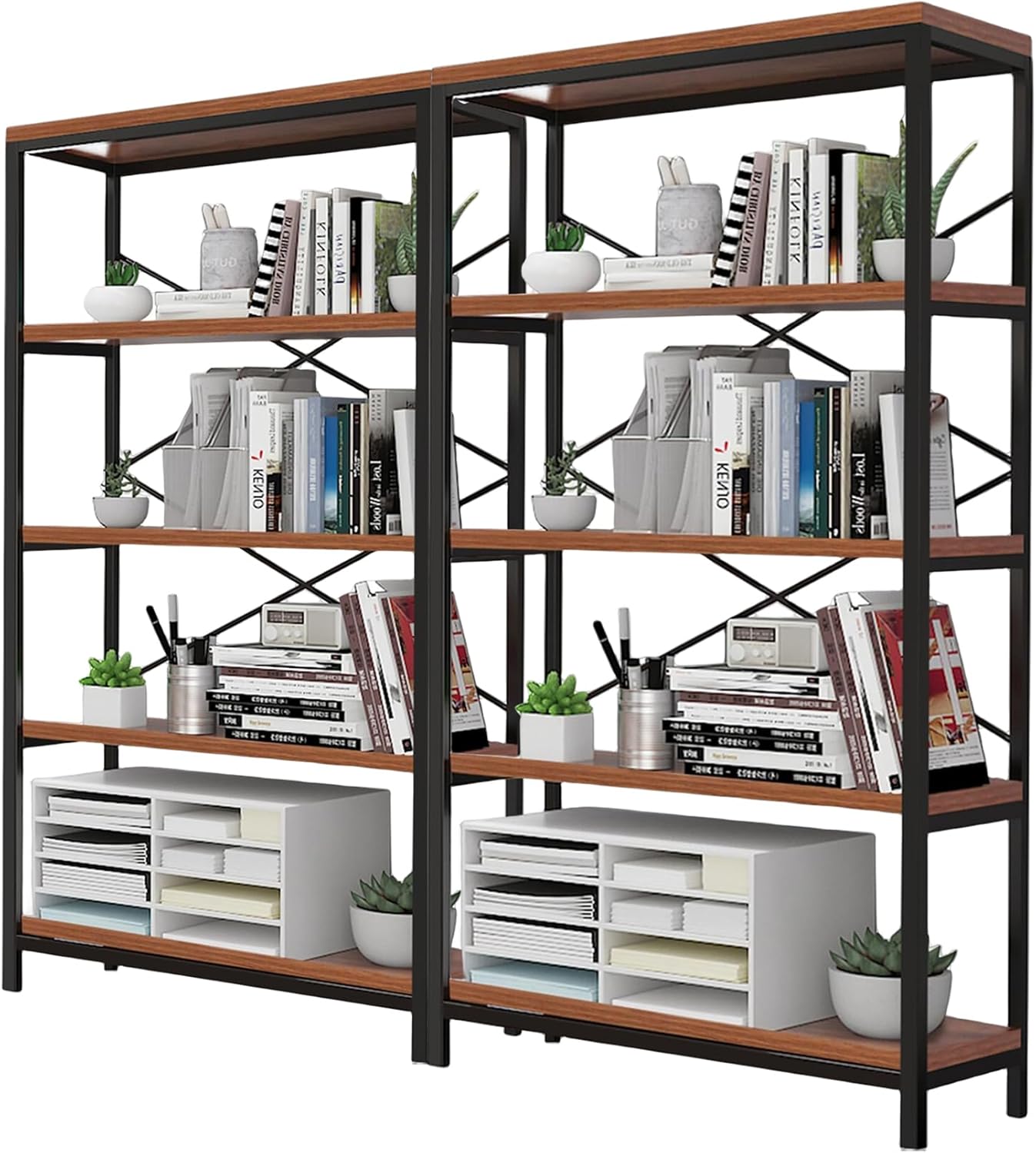 Himimi Industrial Bookshelf 5-Tier Set of 2, Bookcase 58" H Ladder Shelf, Storage Shelves Rack Shelf Unit, Accent Furniture Metal Frame, Home Office Furniture, Vintage Brown（2PCS）