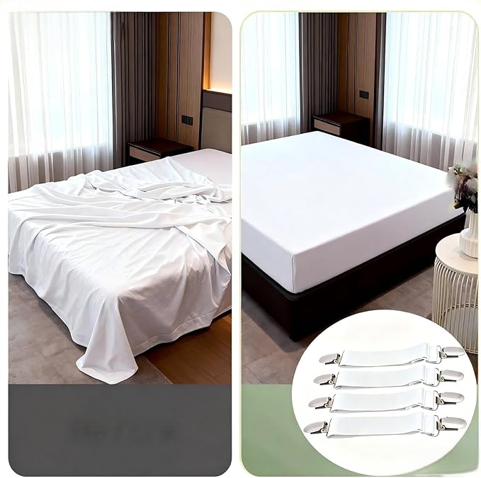 4 adjustable bed sheet straps and one duvet cover fastener set. Easy to install without flipping the mattress. The Quilt Fasteners are made of eco-friendly materials, safety, comfort and no pin holes