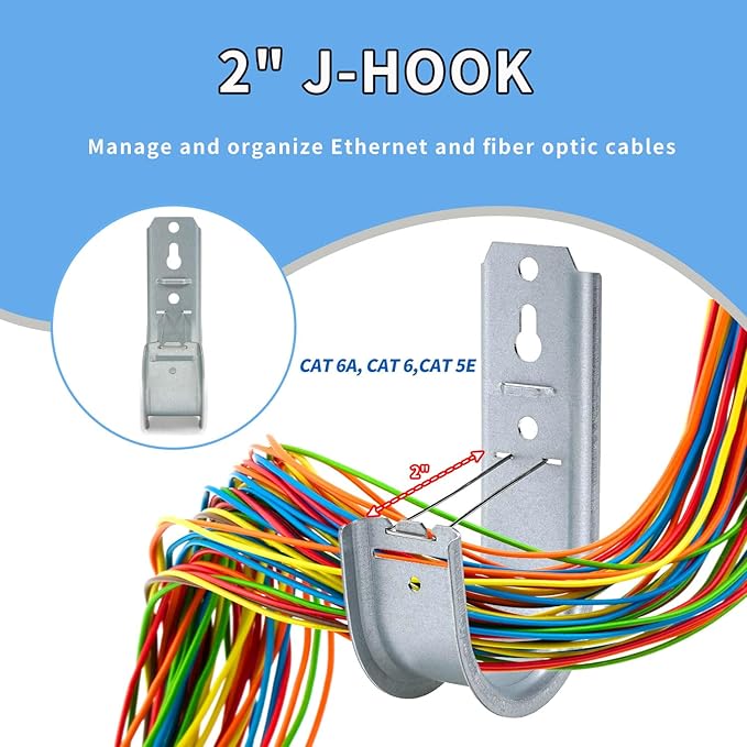 50 Pack 2-Inch Galvanized Steel Cable Support J-Hooks with Retainer Clips - Heavy Duty Wall Mount Cable Management Hooks for Structured Cabling & Organization