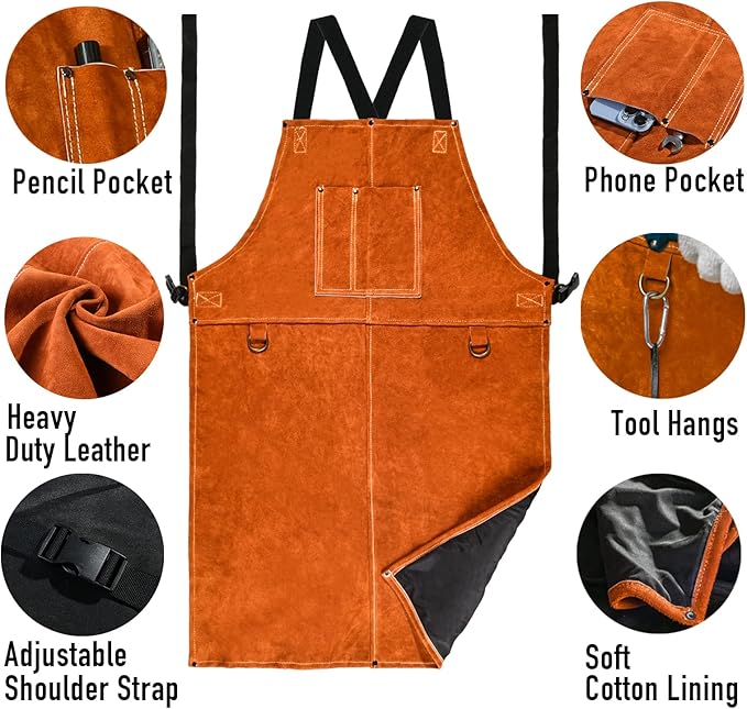 Leather Welding Work Apron - Heat Resistant & Flame Resistant Bib Apron, Flame Retardant Heavy Duty BBQ Apron