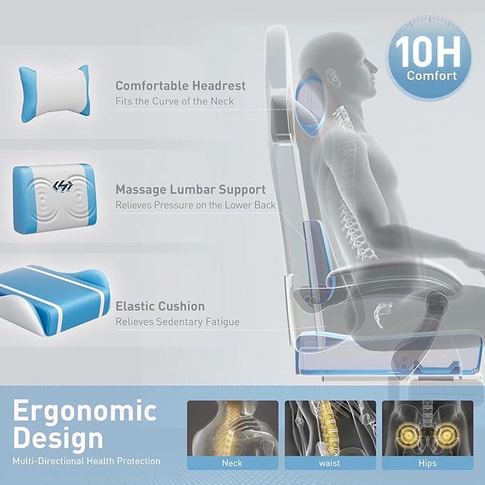 HLDIRECT Gaming Chair, Ergonomic Video Game Seat with 360° Swivel & Lumbar Massage, Computer Chair PU Leather Cushion for Adults Home/Office Use (Whtie & Blue)