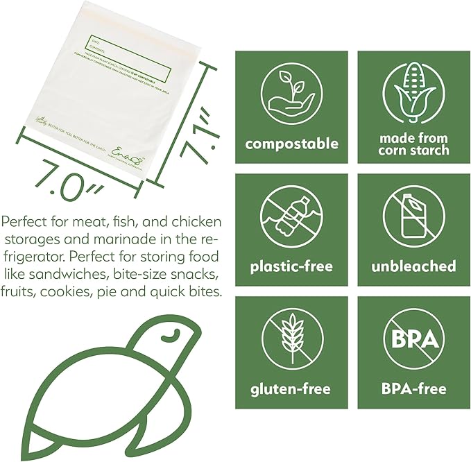 100% Compostable Food Storage Bags [Quart 100 Pack] Eco-Friendly Freezer Bags, Resealable Bags, Heavy-Duty, Reusable, Off-White by Earth's Natural Alternative