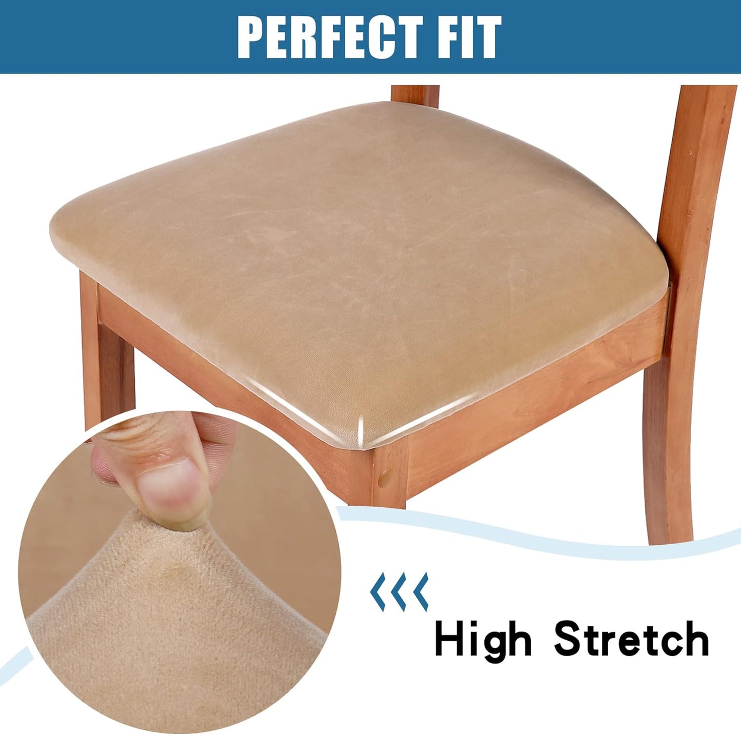 Smiry Velvet Seat Covers for Dining Room Chair Set of 2, Stretch Fit Removable Washable Chair Seat Cushion Protector Slipcovers with Ties, Beige