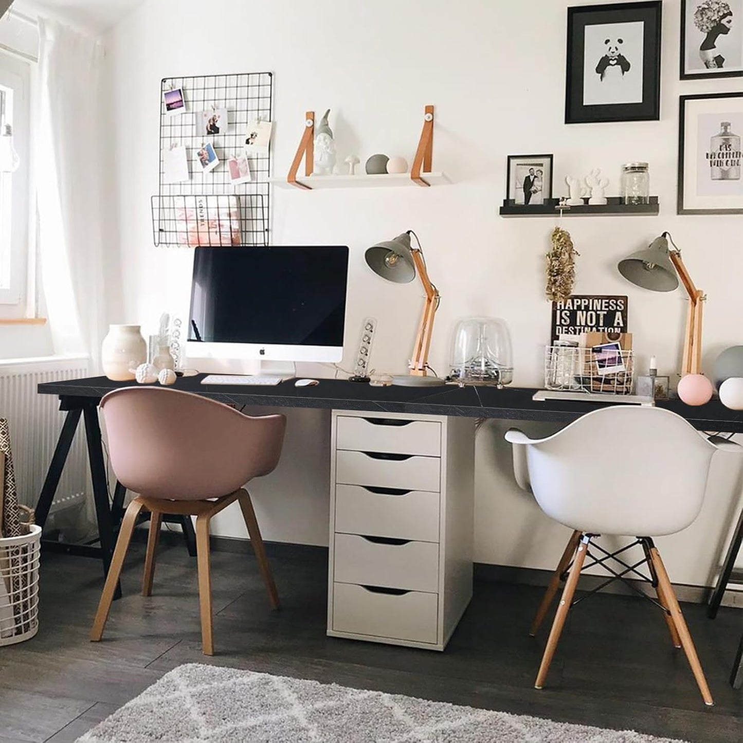 Kaboon Universal Tabletop 59.1"x23.62", Solid One-Piece Melamine Table Top, Double Desk L-Desk DIY, Home and Office Countertop, Cloud Atlas/Black Marble