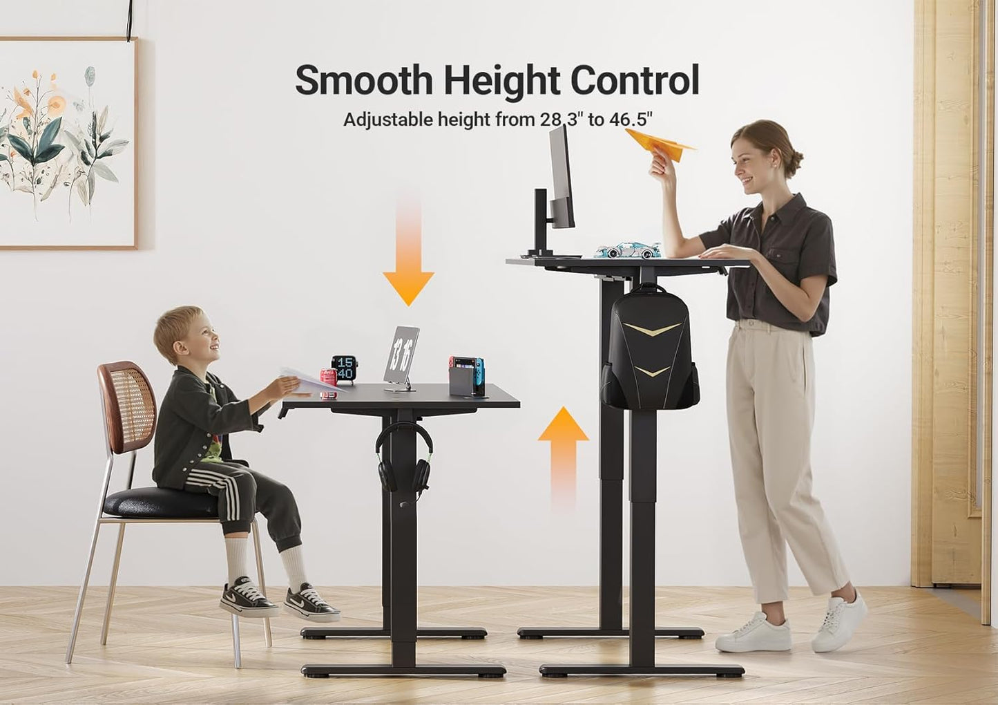Seang Electric Standing Desk Adjustable Height, 48 x 24 Inch Sit Stand Desk with T-Shaped Frame, 3 Memory Presets & Cable Management for Home Office Computer Workstation, Black Frame/Black Top