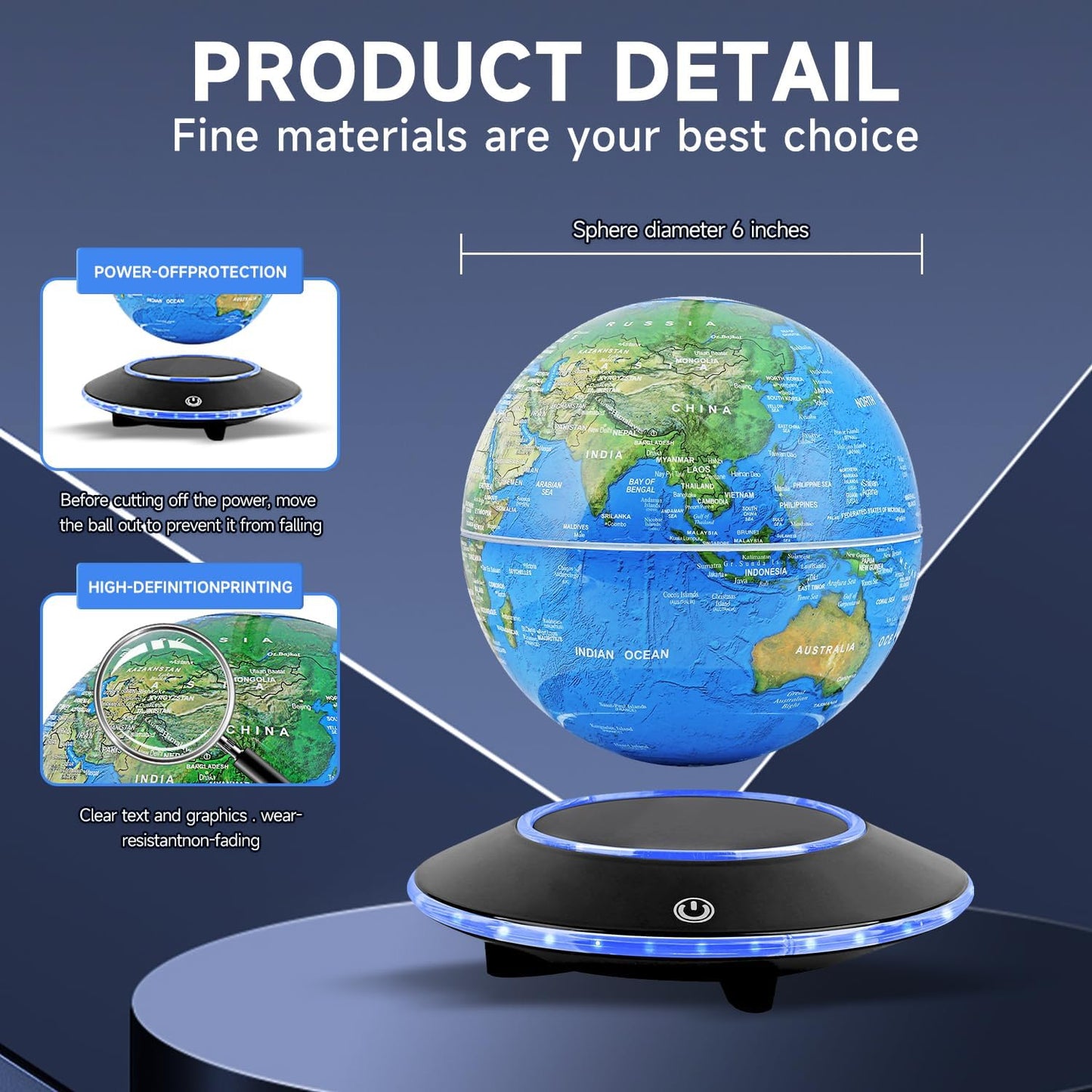 Levitating Globe with White LED Light, Magnetic Floating World Map Globes 360 Degree Rotating Display Mood Lamp Night Lights for Home Office Desk Decoration Birthday Gifts