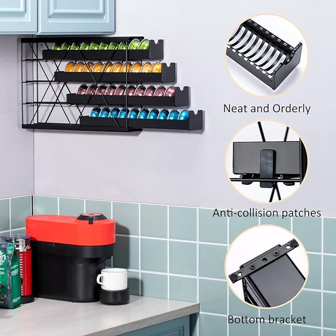 ZCDCP Black Metal 4 Tier Coffee Pod Holder, Nespresso Coffee Pod Holder Vt Pod Wall Mountable Storage Drawer, for Vtline Capsule Coffee Machine (40 Pods Capacity)
