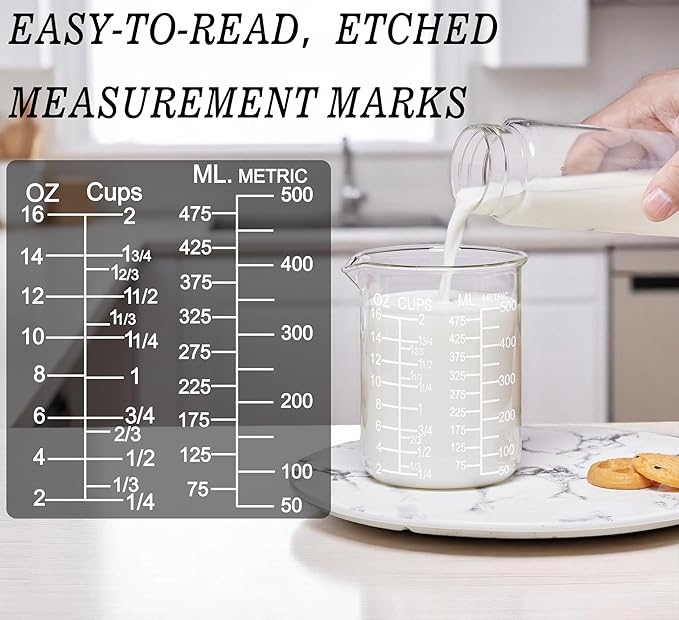 Ackers Etching Scale Glass Measuring Cup Set-V-Shaped Spout,Includes 60ml(2OZ), 120ml(4OZ), 250ml(8OZ), 500ml(16OZ), and 1000ml (32OZ) for Kitchen or Restaurant, Easy to Read
