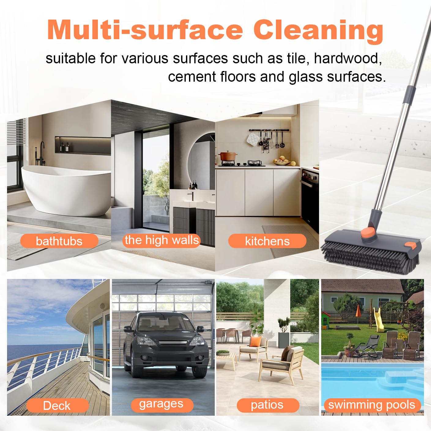Floor Scrub Brush with 64" Long Handle - 360° Swivel Heads Household Push Brush with Squeegee and Right Angled Bristle for Cleaning Concrete Floors Grout Gardens Patio Deck Concrete Garage Heavy Duty