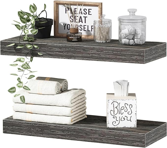 QEEIG Bathroom Floating Shelves for Wall - 15.7" Wall Mounted Shelf Over Toilet Farmhouse Home Decor Display Bookshelf Small 15.7 x 6.7 inch Set of 2, Grey (008-40GY)
